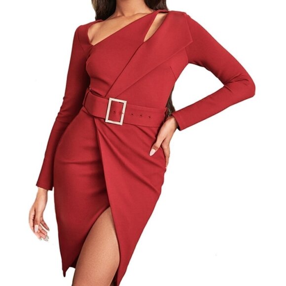 NWT Lavish Alice Asymmetric Long Sleeve Midi Dress in Burgundy size 2 - Picture 1 of 8